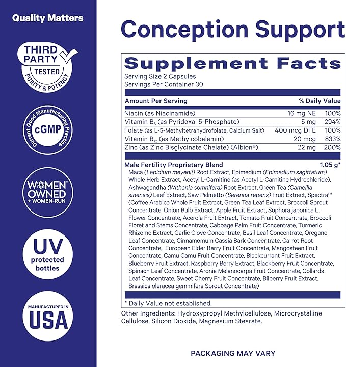 Blue Stork Fertility Supplements for Men - Supports Conception for Him - Male Prenatal Vitamins with Maca Root, Ashwagandha, Folate, B12 - Sperm Heath, Drive, Motility - 60 Capsules