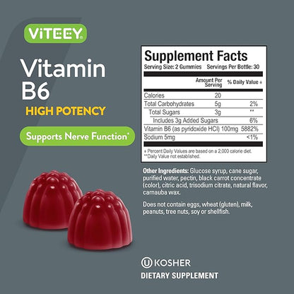 Viteey Vitamin B6 Gummies - Energy, Nerve & Mood Support - B6 Vitamins 100mg - Vegan, Gluten Free, GMO Free - 60 Count