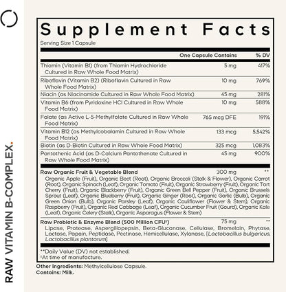 Codeage Raw Vitamin B-Complex Supplement - Essential B Vitamins with Probiotics, Digestive Enzymes, Fruits & Vegetables - 2-Month Supply - Methylfolate - Biotin - Vitamin B12 - Non-GMO - 60 Capsules