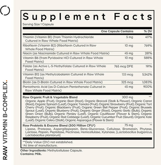 Codeage Raw Vitamin B-Complex Supplement - Essential B Vitamins with Probiotics, Digestive Enzymes, Fruits & Vegetables - 2-Month Supply - Methylfolate - Biotin - Vitamin B12 - Non-GMO - 60 Capsules