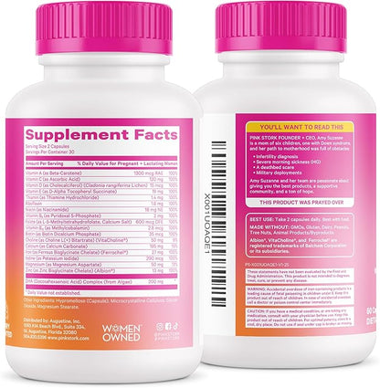 Pink Stork Total Prenatal Vitamins with DHA, Folate, Iron, Choline, and Vitamin B12 - Prenatals for Women to Support Fetal Development, Pregnancy Essentials, Berry Essence, 60 Capsules, 1 Month Supply