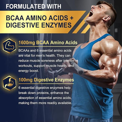 Methylated Multivitamin for Men Gummies, BCAA Amino Acids, Zinc, Daily Vitamin A C D3 E K2 B Complex, Calcium, Magnesium, Lycopene, Digestive Enzymes - Energy, Immune, Muscle- Sugar Free, Vegan, 60Cts