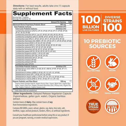 Vital Planet - Vital Flora Advanced Biome Probiotic 100 Billion CFU, 100 Diverse Strains, 10 Organic Prebiotics, Immune Support, Colon and Digestive Health Probiotics for Women and Men 30 Capsules