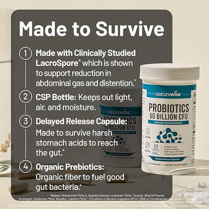 NatureWise Probiotics 60 Billion CFU - 17 Strains + Organic Prebiotics - Immune, Digestive & Gut Health Support for Women & Men - Vegetarian, Gluten-Free, Non-GMO - 60 Capsules[2-Month Supply]