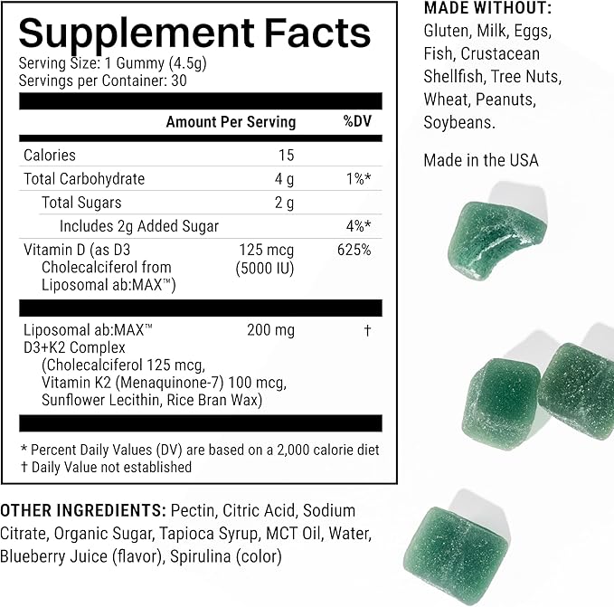 Liposomal Vitamin D3 + K2 Gummies - Mixed Berry Flavor, High Absorption Vitamin D3 5000 IU & Vitamin K2 MK-7 100 mcg, Supports Bone Health, Muscles, Teeth and Joints, Non-GMO, 30 Servings