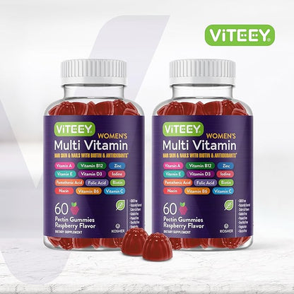 Viteey Womens Multivitamin Gummies - Immune Support - 12 in 1 Essential Vitamins & Minerals - Vitamin A, C, D3, E, B6, B12, Folic Acid, Biotin, Calcium, Zinc & More - Vegetarian - Raspberry Flavored