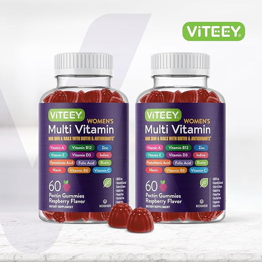 Viteey Womens Multivitamin Gummies - Immune Support - 12 in 1 Essential Vitamins & Minerals - Vitamin A, C, D3, E, B6, B12, Folic Acid, Biotin, Calcium, Zinc & More - Vegetarian - Raspberry Flavored