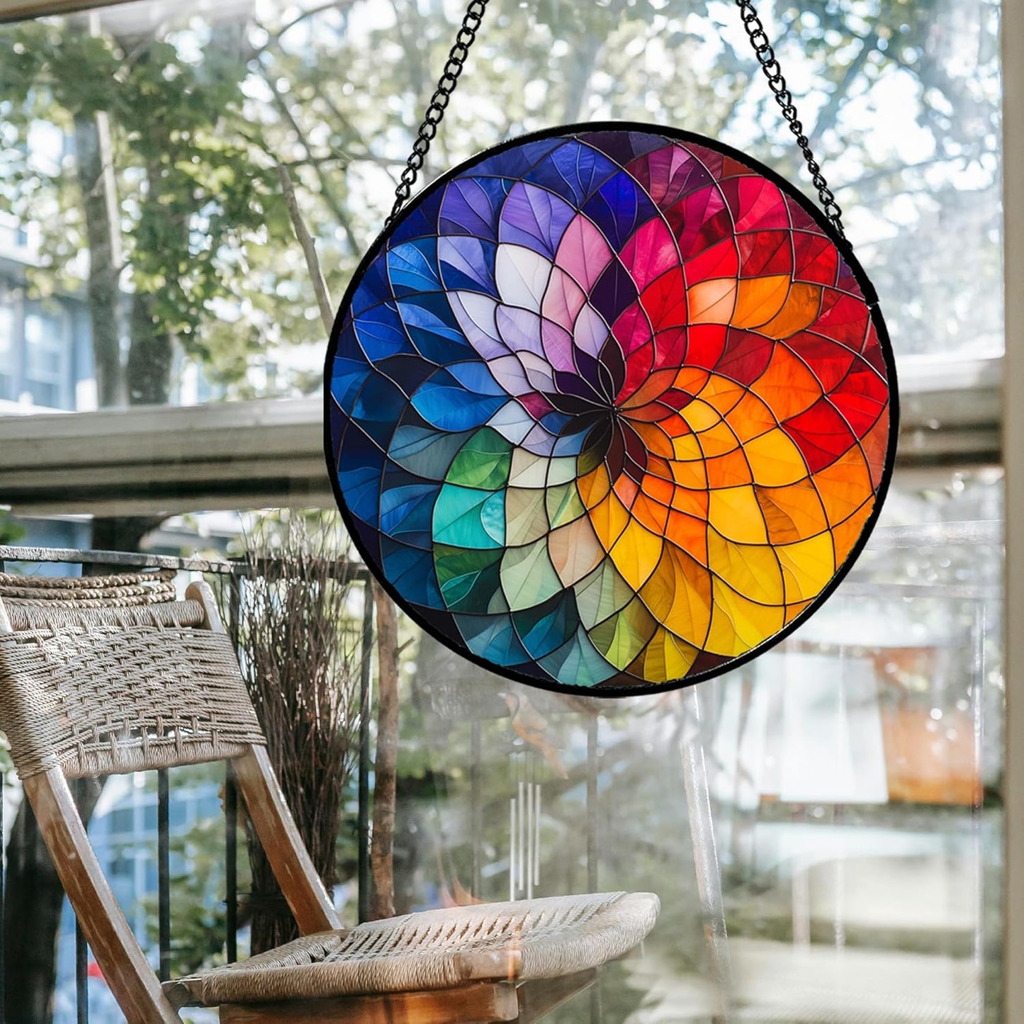 Stained Glass Window Hanging - Colorful Flowers Sun Catcher for Door Terrace Garden Home Decor, Abstract Gradient Suncatcher Birthday Gifts for Lovers Women Men Dad Mom Nana 7.8 in