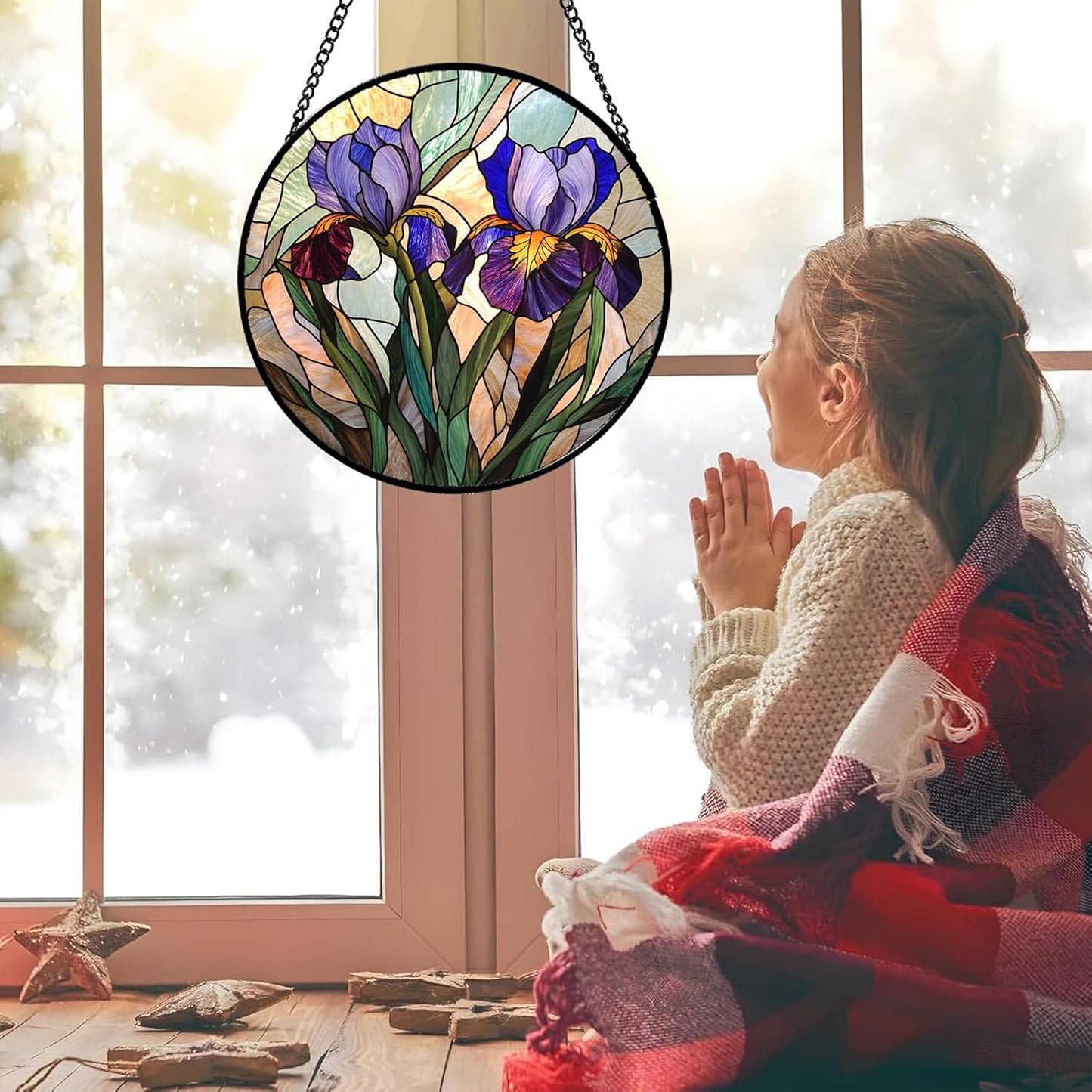 Stained Glass Window Hanging, Purple Blue Iris Birth Flower Suncatcher for Doors Garden Yard Sun Catchers Decor Christmas Mother's Day Birthday Gifts for Teacher Women Mom Nana Wife 9.8 in