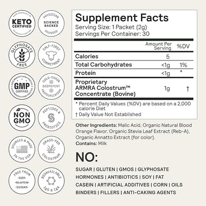 ARMRA Colostrum™ Powder | Blood Orange | Gut Health & Bloating | Skin & Hair | Immunity | Keto, Gluten & Fat-Free | 60 Servings