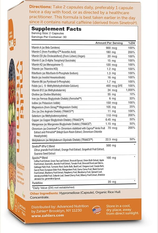 Zahler Multivitamin Metabolism, Daily Multivitamin +Weight Management Support, Multivitamin for Women and Men with Iron, Certified Kosher, 60 Capsules