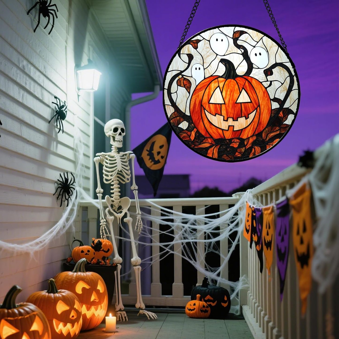 Stained Glass Window Hanging - Halloween Decorations Pumpkin Ghost Suncatcher for Doors Garden Indoor Spooky Funny Orange Sun Catchers Gothic Decor Horror Gifts for Women Men Friend 9.8 in