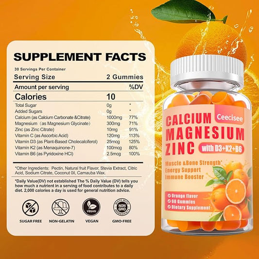 Calcium Magnesium Zinc Gummies with D3 &B6 &K2,1000mg Calcium Gummies with 300mg Magnesium Support Immune Energy for Adults and Teens,Sugar Free(60 Count)