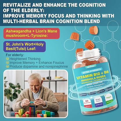 Focus Memory & Energy Gummies, L-Tyrosine + Methyl B12 1000mcg, B6 50mg, D3 C, Lion's Mane Mushroom, for 15+ Students, Office Worker, Multivitamin, Herb Blend for Seniors Brain & Cognition, 1 Pack