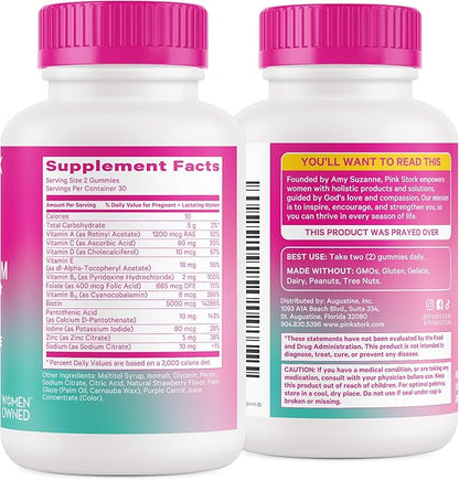 Pink Stork Postpartum Hair Loss Gummies - Biotin with Vitamin E, Pantothenic Acid, B6 & B12 for Beautiful & Strong Hair, Skin, and Nails - Postpartum Essentials for New Moms - 60 Gummy Vitamins
