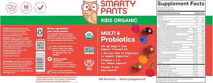 SmartyPants Organic Kids Multivitamin Gummies: Probiotics, Omega 3 (ALA), Vitamin D3, C, Vitamin B12, B6, A, K & Zinc for Immune Support, Biotin, Three Fruit Flavors, 120 Count (30 Day Supply)
