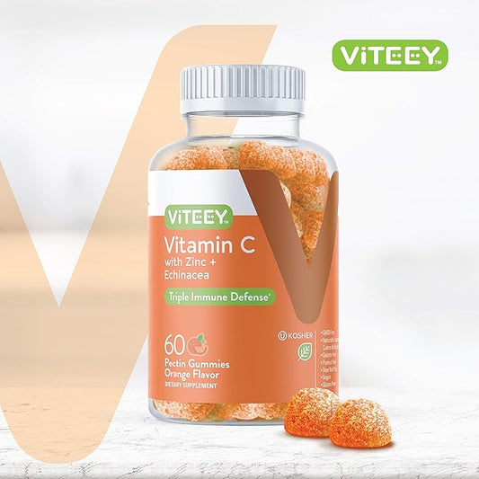 Viteey Vitamin C Gummies for Adults & Teens with Zinc & Echinacea - Immune Support Gummies - Vegan, Gelatin Free, Gluten Free, GMO Free - Tasty Vitamin C Chewable Orange Flavored Gummy