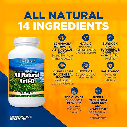 LifeSource Vitamins All Natural Anti-B for Immune Support, 14 All Natural Ingredient with Echinacea & Garlic Extract, 180 Immune Defense Capsules