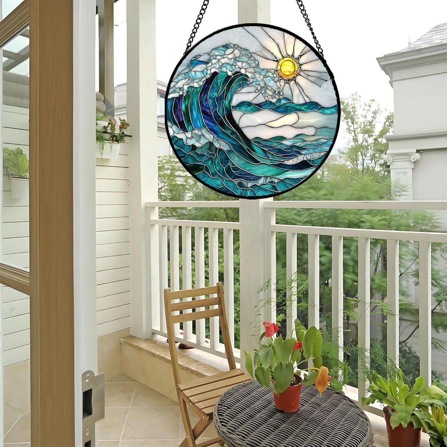 Stained Glass Window Hanging - Blue Green Waves Suncatcher for Door Terrace Garden Home Decor Sunrise Over The Sea Sun Catcher Birthday Gifts for Lovers Women Men Dad Mom Nana 15 in