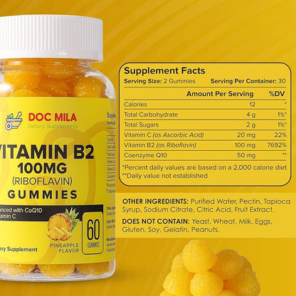 Vitamin B2 100mg Gummies for Adults and Kids - Riboflavin 100 mg Gummy - Migraine Relief Supplement - VIT B2 Supplements