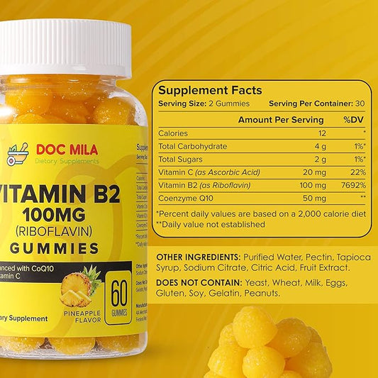 Vitamin B2 100mg Gummies for Adults and Kids - Riboflavin 100 mg Gummy - Migraine Relief Supplement - VIT B2 Supplements