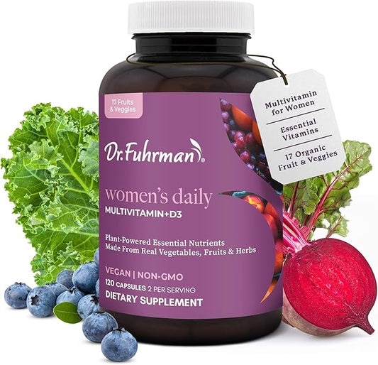 Dr. Fuhrman 2 Month Supply Multivitamin for Women + D3 Vitamin for Immune Support | Vegan Formula Womens Multivitamin with B12 & Zinc | Whole Food multivitamin with 17 Fruits & Veggies | Non GMO