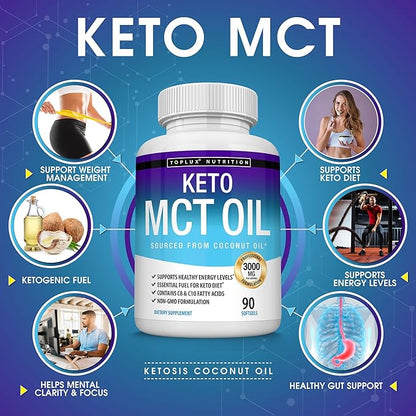Toplux Keto MCT Oil Capsules - 3000mg Natural Pure Coconut Oil Extract Pills, Source of Energy, Easy to Digest for Men Women, 90 Softgels, Supplement