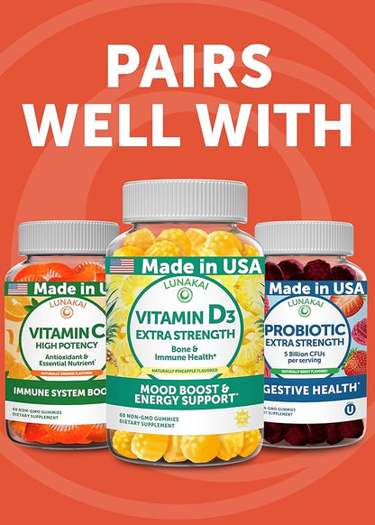 Lunakai USA Made Calcium Gummies with Magnesium, Zinc, Vitamin D3 & K2 for Women, Men & Kids – Delicious Calcium Magnesium Zinc D3 Supplement for Bone, Muscle & Immune Support, 60ct