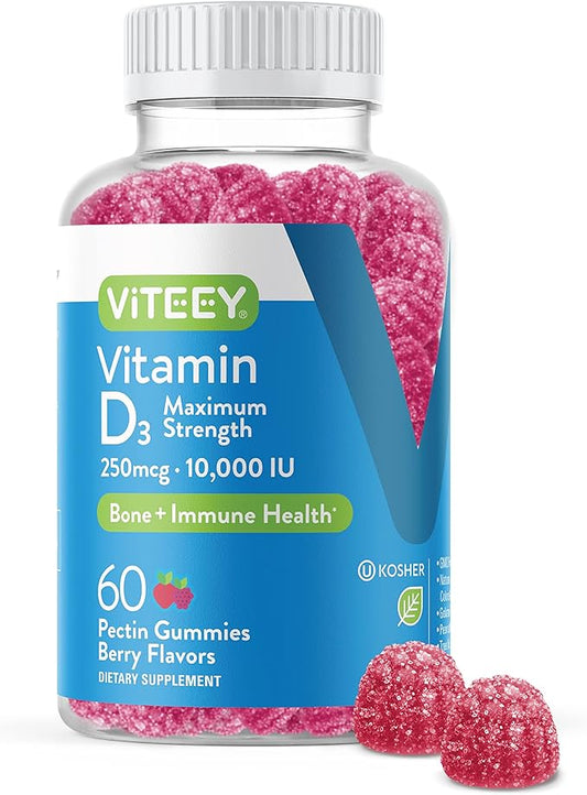 Viteey Vitamin D3 Gummies for Adults & Teens - 10,000 IU, 250mcg, Maximum Strength - Joint & Muscle Health, Immune Boost - Chewable Vitamin D Gummies - Vegetarian, Gelatin Free - Tasty Berry Flavored
