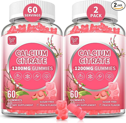 (2 Pack) Calcium Citrate 1200 mg Gummies for Women & Men,Calcium Supplements for Women,High Absorption for Bone Muscle Healthy - Easy to Digest, Sugar Free,Vegan,Peach Flavor,60 Day Supply