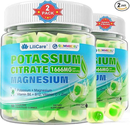 Potassium Citrate Gummies 1666mg for Adults - Potassium Supplement, Magnesium Glycinate, Zinc, B6, B12 & C – Electrolyte Gummies for Energy, Recovery & Leg Cramps, Vegan 120 Cts