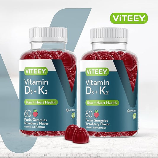 VITEEY Vitamin D3 K2 Gummies - 1000 IU Vitamin D3 and K2 100mcg - Bone & Heart Health for Adults and Teens - Vegetarian, Gelatin Free, GMO Free - Tasty Chewable D3K2 Vitamins Strawberry Flavored Gummy