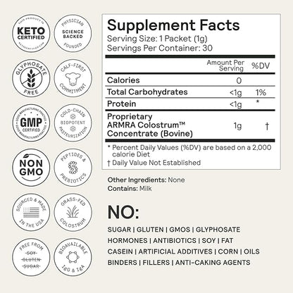 ARMRA Colostrum™ Powder | Unflavored | Gut Health & Bloating | Skin & Hair | Immunity | Keto, Gluten & Fat-Free | 60 Servings