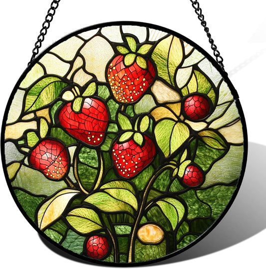 Stained Glass Window Hanging - Red Strawberry Suncatcher for Doors Window Home Green Plant Sun Catchers Decor Christmas Mother's Day Birthday Gifts for Teacher Women Men Mom Nana 6.3 in