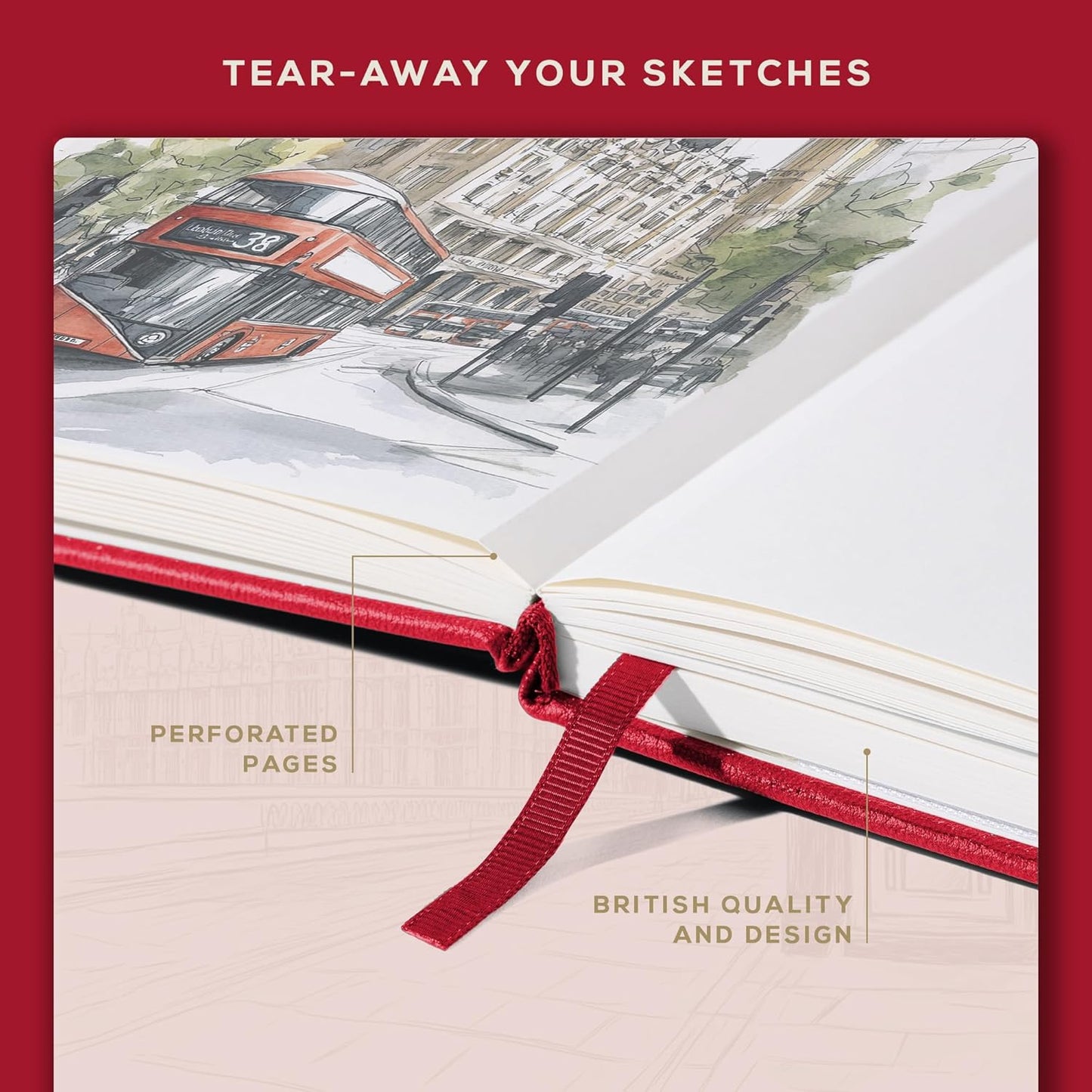 Beechmore Books A4 Sketchbook – 8.5x11 Premium Vegan Leather Bound Large Sketch Book Hardcover with 156 Thick 160gsm Perforated Ivory Pages, Blank Sketch Pad, Gift Boxed, Back Pocket, Ribbon Bookmark