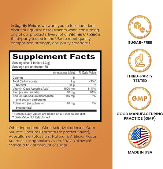 SIGNIFY NATURE Vitamin C 1000mg Effervescent Tablets - Potent Immune Support VIT C with Zinc Supplement - Sugar-Free & Vegan Formula | Dissolvable Vitamin C Tablets - Water Soluble Fizzy Elixir - 80CT