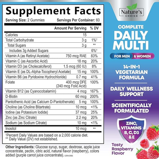 Multivitamin Gummies - Nature's Daily Gummy Multivitamins for Adults, Women & Men with Vitamins A, C, E, B6, B12, and Minerals - Natural Multi Vitamin Supplement, Non-GMO, Berry Flavor - 120 Gummies