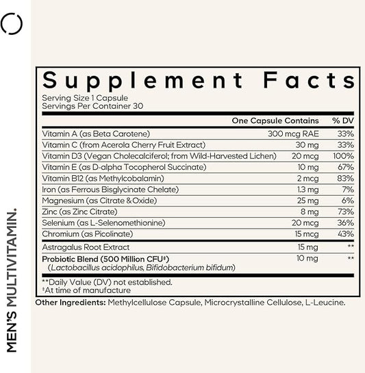 Codeage Men's Multivitamin - Daily Vitamins for Men with Vitamin A, C, D3, E, B12, Magnesium, Zinc, Iron, Chromium, Probiotics, Astragalus & More - 1 Capsule Per Serving - 30 Capsules
