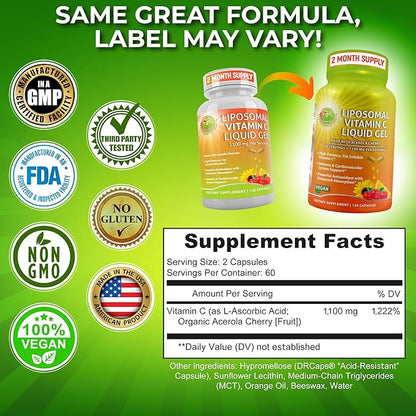 Liposomal Vitamin C Liquid Gel Capsules - 1100mg - Made with Organic Acerola Cherries, High Potency Vitamin C Liposomal Immune Support Supplement with Enhanced Absorption & Bioavailability - 120 count