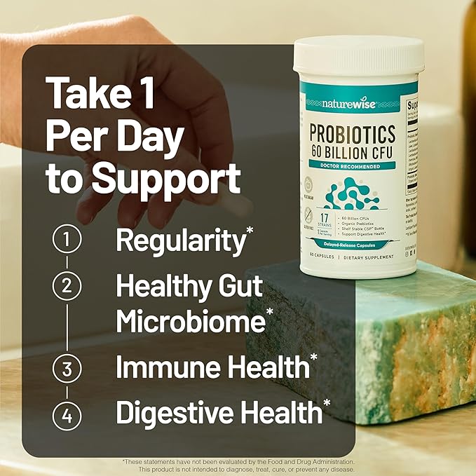 NatureWise Probiotics 60 Billion CFU - 17 Strains + Organic Prebiotics - Immune, Digestive & Gut Health Support for Women & Men - Vegetarian, Gluten-Free, Non-GMO - 60 Capsules[2-Month Supply]