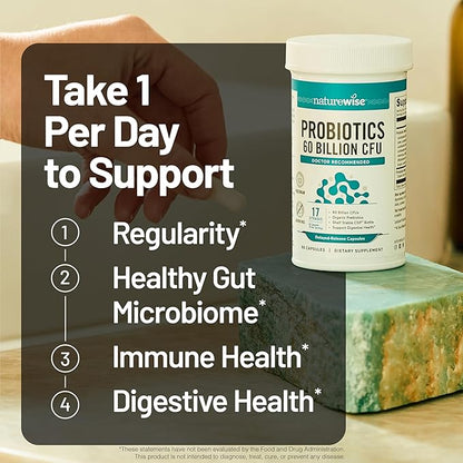 NatureWise Probiotics 60 Billion CFU - 17 Strains + Organic Prebiotics - Immune, Digestive & Gut Health Support for Women & Men - Vegetarian, Gluten-Free, Non-GMO - 60 Capsules[2-Month Supply]