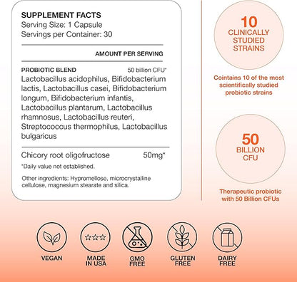 Omax Prebiotic & Probiotic 50 Billion CFU + Chicory Inulin, 10 Strains, Reduce Bloating, Digestion, SIBO, Leaky Gut, Vaginal pH, Acidophilus, Vegan, Dairy Free, Gluten Free, Blister Packaged
