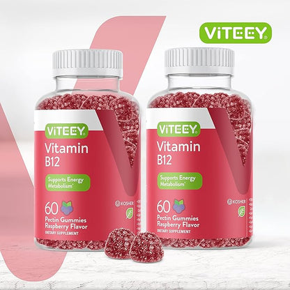 VITEEY Vitamin B12 Gummies for Adults & Teens 1000mcg - Good for Energy, Metabolism, Natural Energy, Immune System Support - Vegan, Gelatin Free, Gluten Free - Tasty Chewable Raspberry Flavored Gummy