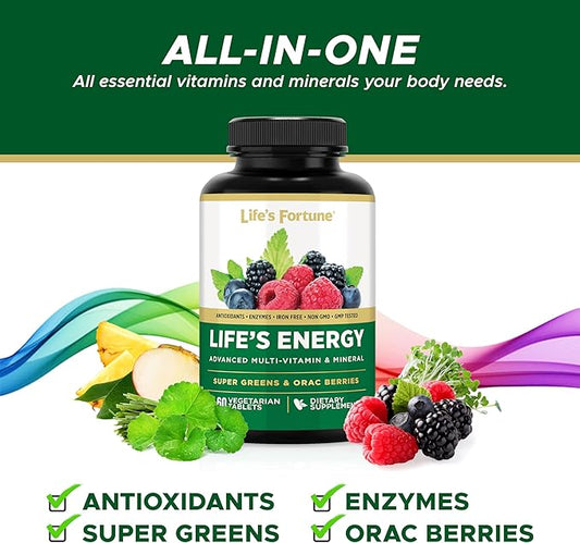 Life's Energy Advanced Daily Multivitamin for Men & Women, Energy and Immune Support Supplement with Super Greens, Antioxidants, Enzymes - Iron Free, Vegetarian, 60 Tablets by Life's Fortune
