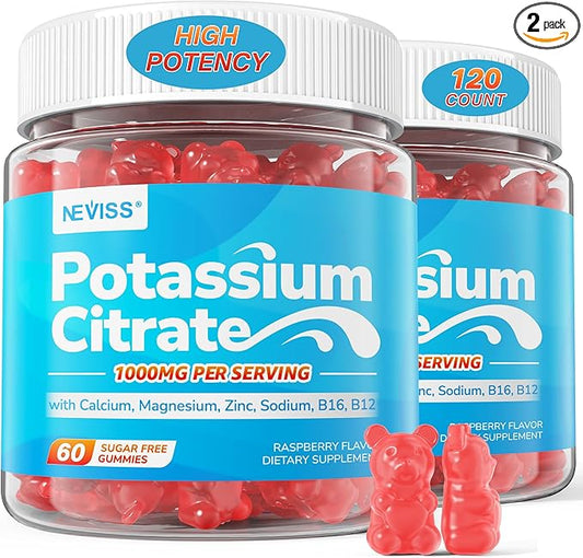 Potassium Citrate 1000mg Gummies, Potassium Magnesium Supplement + Calcium, Zinc, Sodium, Vitamin B6, B12, Support Leg Cramps, Electrolyte Balance, Body Performance, Energy Boost, Sugar Free, 120 Cts