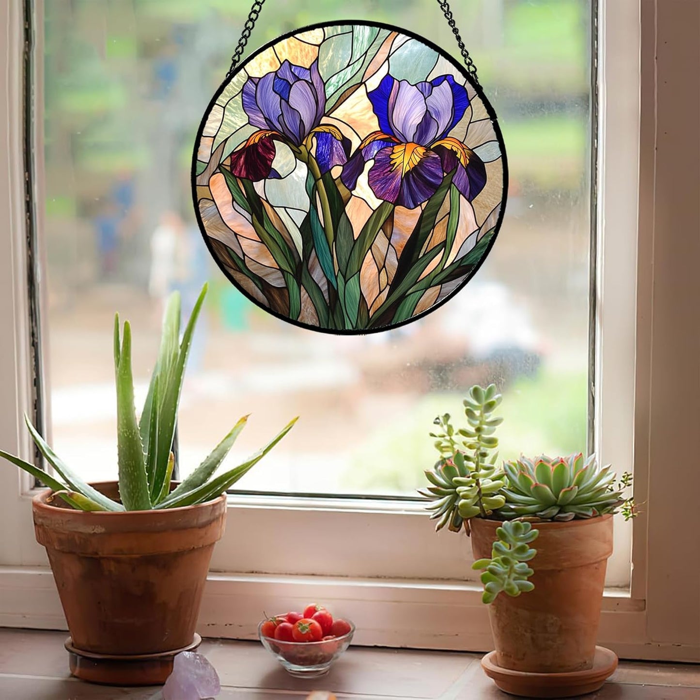 Stained Glass Window Hanging, Purple Blue Iris Birth Flower Suncatcher for Doors Garden Yard Sun Catchers Decor Christmas Mother's Day Birthday Gifts for Teacher Women Mom Nana Wife 7.8 in