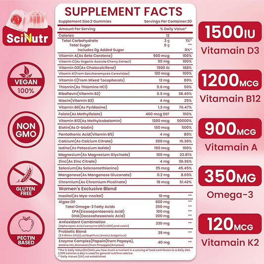 Methylated Multivitamin for Women Gummies with Calcium, Magnesium, Zinc, Vitamin A, C, D3, E, K2, B Complex, Folate, Biotin - Multi Vitamins & Minerals for Energy, Immune Support,and Strengthen Bone