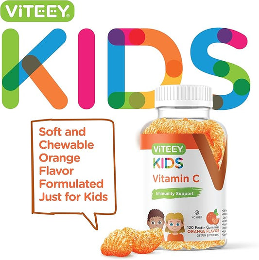 Viteey Kids Vitamin C Gummies - Immune Support for Kids, Toddlers, & Teens - Vegan, Gelatin Free, Gluten Free, GMO Free - Tasty Chewable Orange Flavored Immunity Gummy