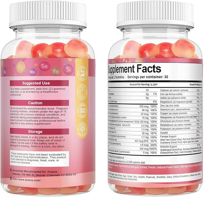 Sugar Free Multivitamin Gummies for Women 14+ w/Iron, Inositol, Folate, Biotin, Womens Daily Multivitamin Gummy w/Vitamin A, C, B, D3, K2, for Hair, Skin, Energy, Immune, Peach Flavor