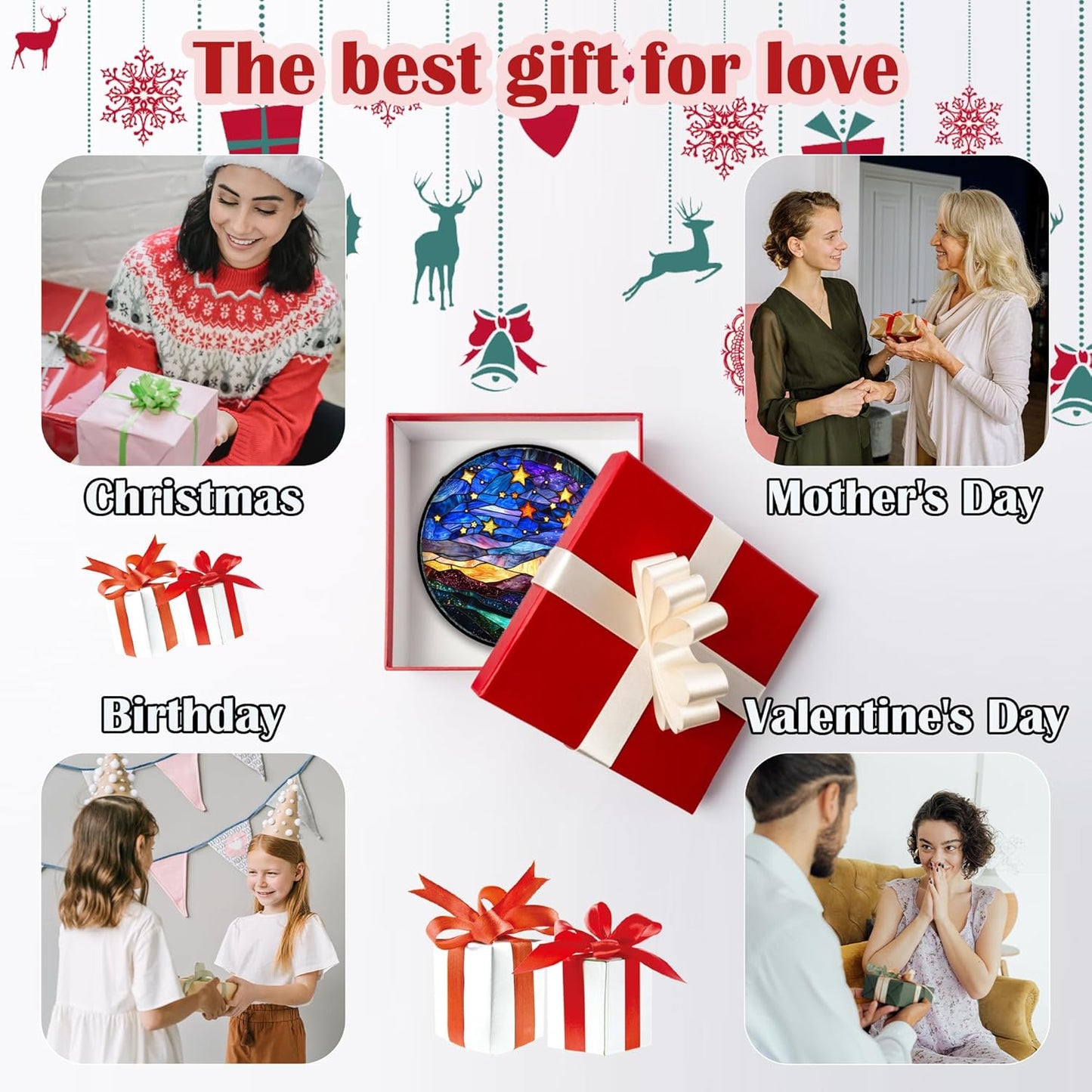 Stained Glass Window Hanging, Blue Sky Gold Stars Abstract Landscape Suncatcher for Doors Window Home Sun Catchers Decor Mother's Day Birthday Gifts for Women, Men Mom 9.8 in